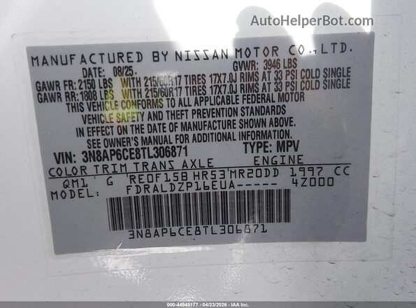 3N8AP6CE8TL306871 2026 NISSAN KICKS White Vista del compartimento del motor
