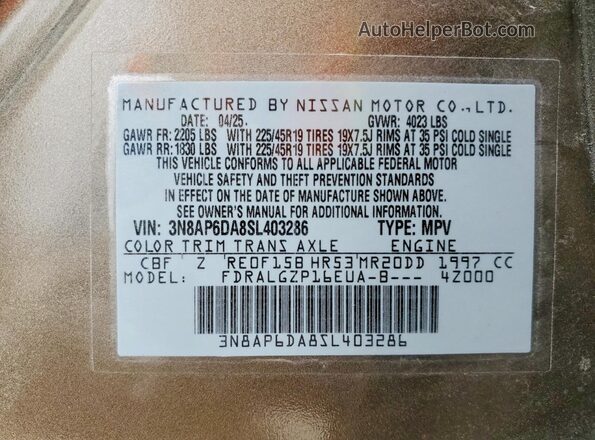 3N8AP6DA8SL403286 2025 NISSAN KICKS Brown VIN კოდის სტიკერის ხედი