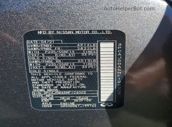 3PCAJ5BA5MF124003 2021 INFINITI QX50 Угольный Вид наклейки с VIN-кодом