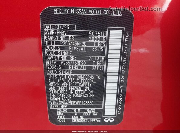 3PCAJ5DBXPF123360 2023 INFINITI QX50 Красный Вид подкапотного пространства
