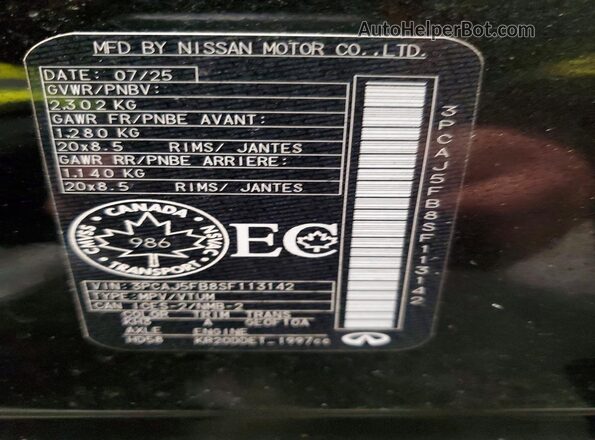3PCAJ5FB8SF113142 2025 INFINITI QX50 Black Vista de la etiqueta del VIN
