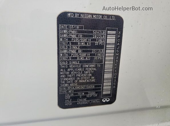 3PCAJ5M33KF104358 2019 INFINITI QX50 Белый Вид наклейки с VIN-кодом