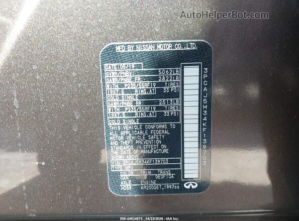 3PCAJ5M34KF139703 2019 INFINITI QX50 Brown Vista del compartimento del motor