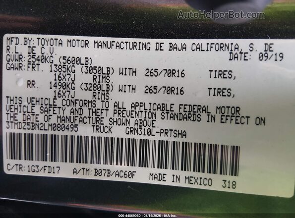 3TMDZ5BN2LM080495 2020 TOYOTA TACOMA Серый Вид подкапотного пространства