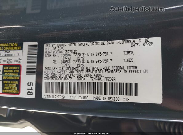 3TMKB5FN2SM045427 2025 TOYOTA TACOMA Gray Вид підкапотного простору