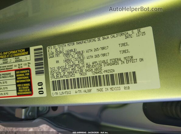 3TMLB5JN4TM223433 2026 TOYOTA TACOMA Серый Вид подкапотного пространства