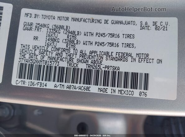 3TYAX5GNXMT015773 2021 TOYOTA TACOMA Silver Widok komory silnika