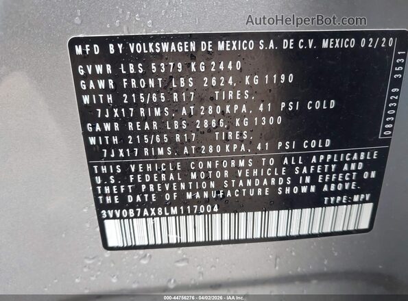 3VV0B7AX8LM117004 2020 VOLKSWAGEN TIGUAN Серебряный Вид подкапотного пространства