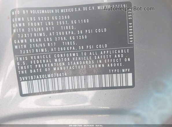 3VV1B7AX0LM078414 2020 VOLKSWAGEN TIGUAN Серебряный Вид подкапотного пространства
