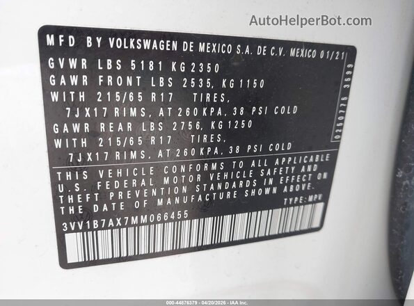 3VV1B7AX7MM066455 2021 VOLKSWAGEN TIGUAN Белый Вид подкапотного пространства