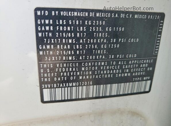 3VV1B7AX8MM012016 2021 VOLKSWAGEN TIGUAN White Widok komory silnika