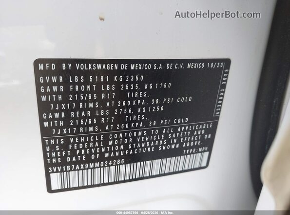 3VV1B7AX9MM024286 2021 VOLKSWAGEN TIGUAN White Շարժիչի բաժամունքի տեսք