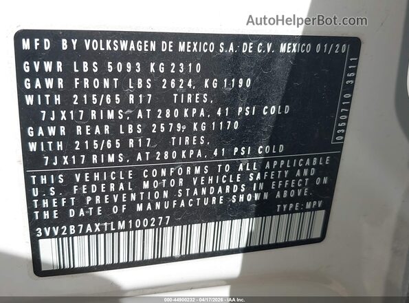 3VV2B7AX1LM100277 2020 VOLKSWAGEN TIGUAN Белый Вид подкапотного пространства