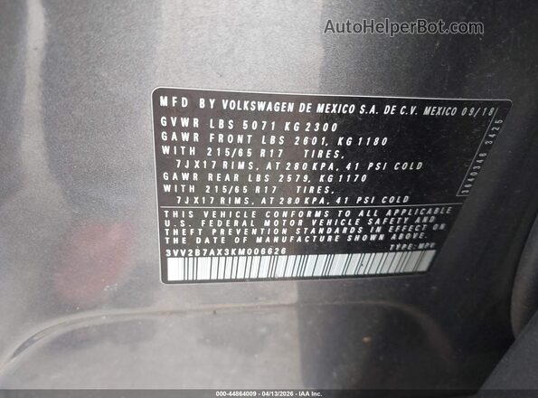 3VV2B7AX3KM006626 2019 VOLKSWAGEN TIGUAN Серый Вид щитка приборов
