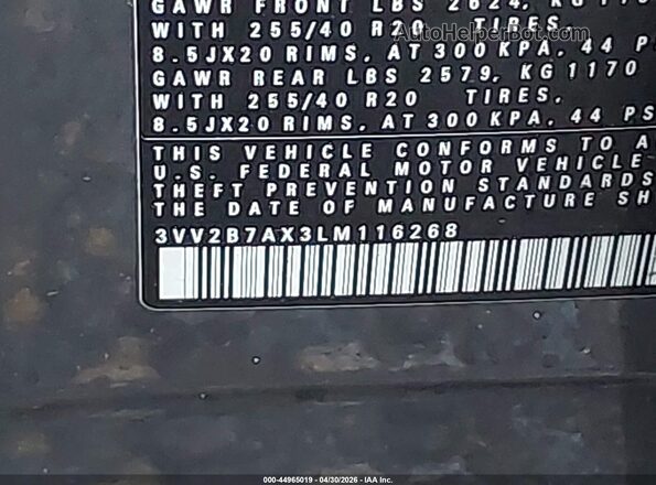 3VV2B7AX3LM116268 2020 VOLKSWAGEN TIGUAN Gray Вид підкапотного простору