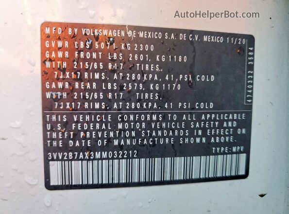 3VV2B7AX3MM032212 2021 VOLKSWAGEN TIGUAN White VIN կոդի պիտակի տեսք