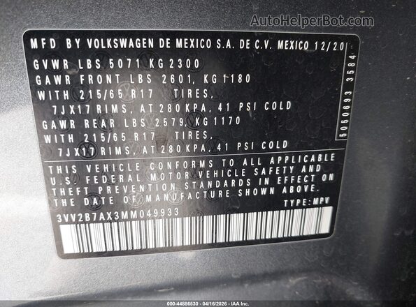 3VV2B7AX3MM049933 2021 VOLKSWAGEN TIGUAN Серый Вид подкапотного пространства