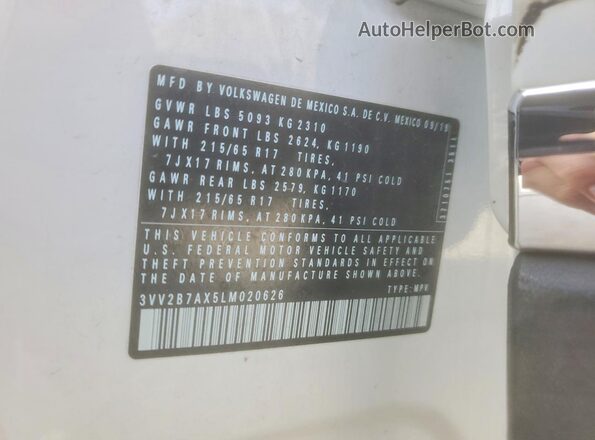 3VV2B7AX5LM020626 2020 VOLKSWAGEN TIGUAN White VIN კოდის სტიკერის ხედი