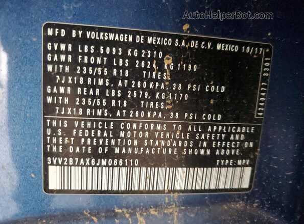 3VV2B7AX6JM066110 2018 VOLKSWAGEN TIGUAN Синий Вид наклейки с VIN-кодом