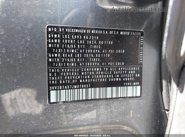 3VV2B7AX7JM078637 2018 VOLKSWAGEN TIGUAN Серый Вид подкапотного пространства