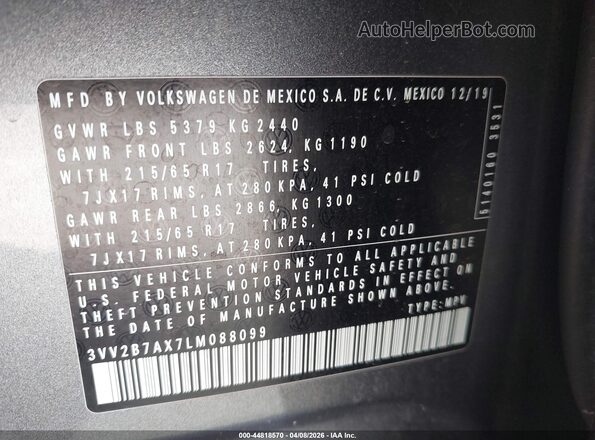3VV2B7AX7LM088099 2020 VOLKSWAGEN TIGUAN Gray Вид підкапотного простору