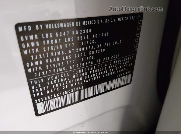 3VV3B7AX1JM033844 2018 VOLKSWAGEN TIGUAN Белый Вид подкапотного пространства