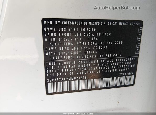 3VV3B7AX2MM021836 2021 VOLKSWAGEN TIGUAN Белый Вид подкапотного пространства