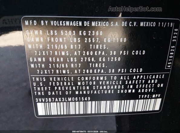 3VV3B7AX3LM061549 2020 VOLKSWAGEN TIGUAN Black ძრავის განყოფილების ხედი