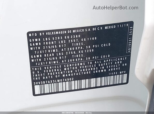 3VV3B7AX3LM074902 2020 VOLKSWAGEN TIGUAN Белый Вид подкапотного пространства