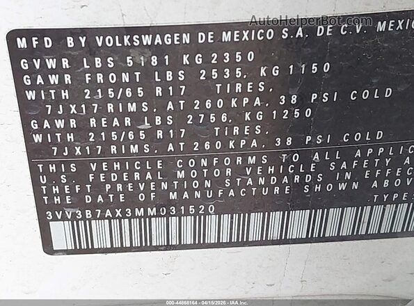 3VV3B7AX3MM031520 2021 VOLKSWAGEN TIGUAN Белый Вид подкапотного пространства