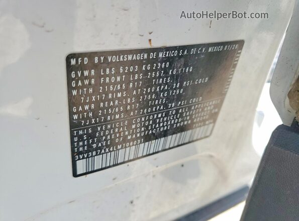 3VV3B7AX4LM106031 2020 VOLKSWAGEN TIGUAN Белый Панорамный вид салона 360°
