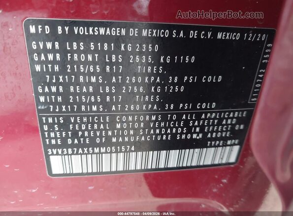 3VV3B7AX5MM051574 2021 VOLKSWAGEN TIGUAN Red Widok komory silnika