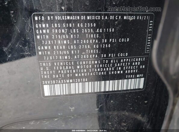3VV3B7AX5MM128184 2021 VOLKSWAGEN TIGUAN Черный Вид подкапотного пространства