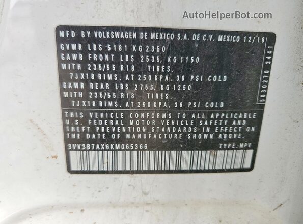 3VV3B7AX6KM065366 2019 VOLKSWAGEN TIGUAN Белый Панорамный вид салона 360°