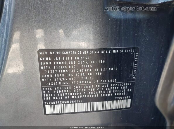 3VV3B7AX6MM064155 2021 VOLKSWAGEN TIGUAN Gray Вид підкапотного простору