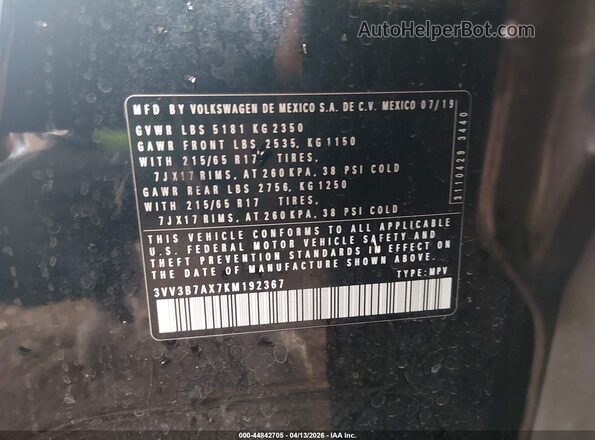 3VV3B7AX7KM192367 2019 VOLKSWAGEN TIGUAN Черный Вид подкапотного пространства