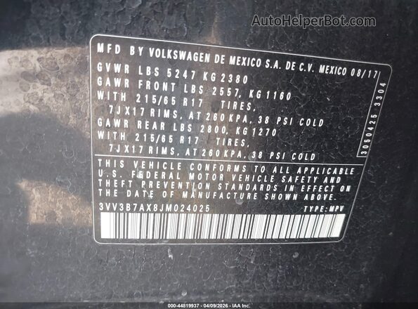 3VV3B7AX8JM024025 2018 VOLKSWAGEN TIGUAN Черный Вид подкапотного пространства