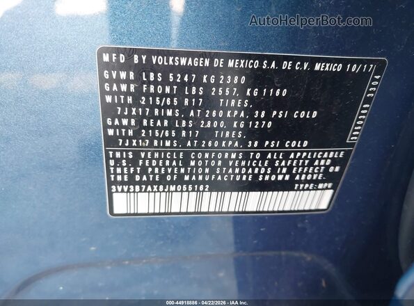 3VV3B7AX8JM055162 2018 VOLKSWAGEN TIGUAN Синий Вид подкапотного пространства