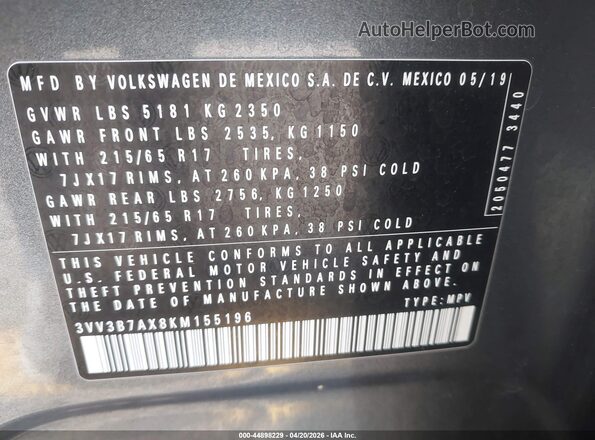 3VV3B7AX8KM155196 2019 VOLKSWAGEN TIGUAN Серый Вид подкапотного пространства