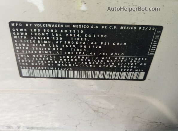3VV4B7AX2LM112074 2020 VOLKSWAGEN TIGUAN White Панорамний вид салону 360°