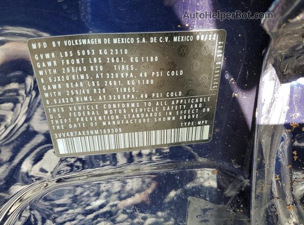 3VV4B7AX9NM169309 2022 VOLKSWAGEN TIGUAN Blue Vista de la etiqueta del VIN