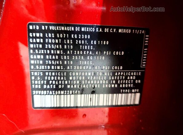 3VV8B7AX9RM228141 2024 VOLKSWAGEN TIGUAN Красный Вид наклейки с VIN-кодом