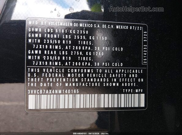 3VVCB7AX4NM140165 2022 VOLKSWAGEN TIGUAN Black Вид підкапотного простору