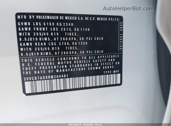 3VVCB7AX9RM204481 2024 VOLKSWAGEN TIGUAN White Engine compartment view