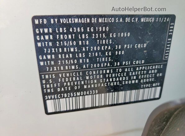 3VVEC7B25SM004339 2025 VOLKSWAGEN TAOS White Widok wnętrza 360 stopni