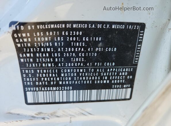 3VVFB7AX8RM032909 2024 VOLKSWAGEN TIGUAN White Панорамний вид салону 360°