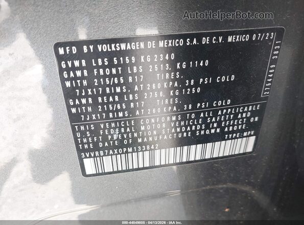3VVRB7AX0PM133842 2023 VOLKSWAGEN TIGUAN Gray Շարժիչի բաժամունքի տեսք