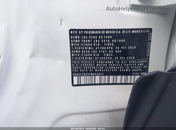 3VVSC7B23TM043337 2026 VOLKSWAGEN TAOS White Widok komory silnika