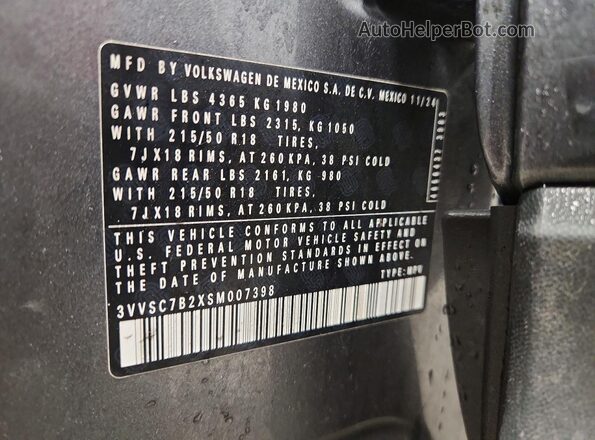 3VVSC7B2XSM007398 2025 VOLKSWAGEN TAOS Gray VIN კოდის სტიკერის ხედი