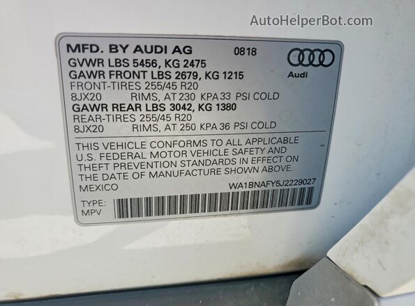 WA1BNAFY5J2229027 2018 AUDI Q5 Белый Панорамный вид салона 360°